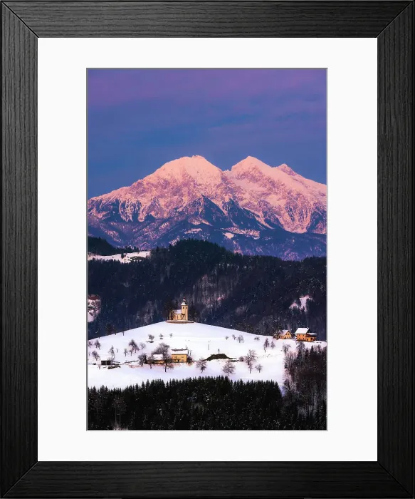 Framed Print : St Thomas Church and the Kamnik Alps, Rantovse, Slovenia at sunset