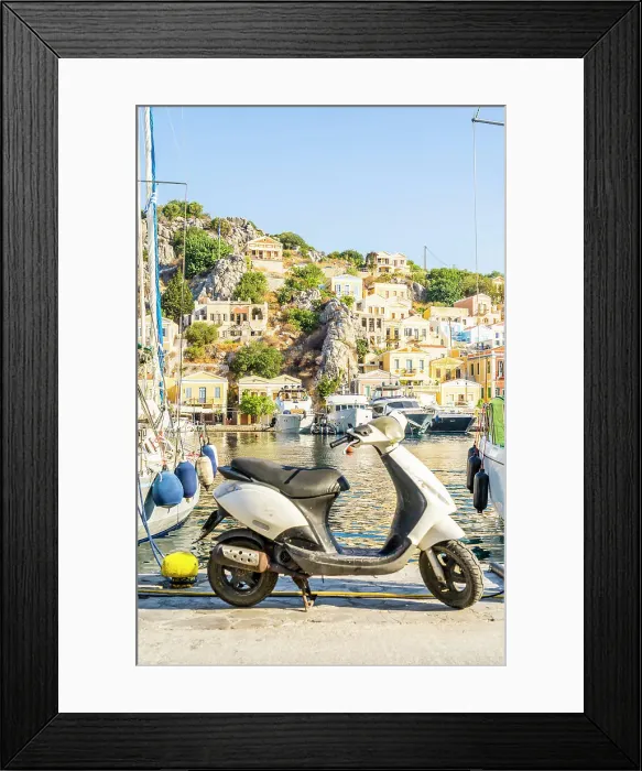 Framed Print : A scooter by the colourful harbour in Symi, Dodecanese Islands, Greece Framed Print : A scooter by the colourful harbour in Symi, Dodecanese Islands, Greece