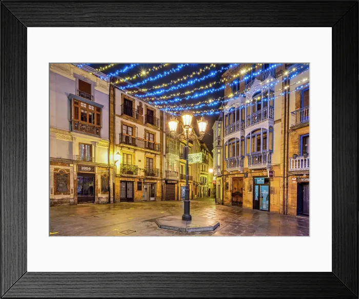 Framed Print : Small square adorned with Christmas lights in the old town, Oviedo, Asturias, Spain Framed Print : Small square adorned with Christmas lights in the old town, Oviedo, Asturias, Spain