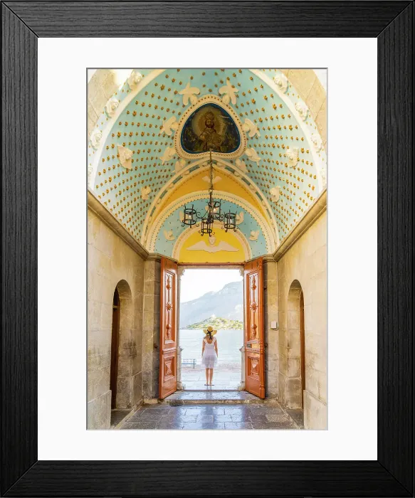 Framed Print : A woman in a hat at Panormitis Monastery, Symi, Dodecanese Islands, Greece. (MR)Symi, Dodecanese Islands, Greece. (MR) Framed Print : A woman in a hat at Panormitis Monastery, Symi, Dodecanese Islands, Greece. (MR)Symi, Dodecanese Islands, Greece. (MR)