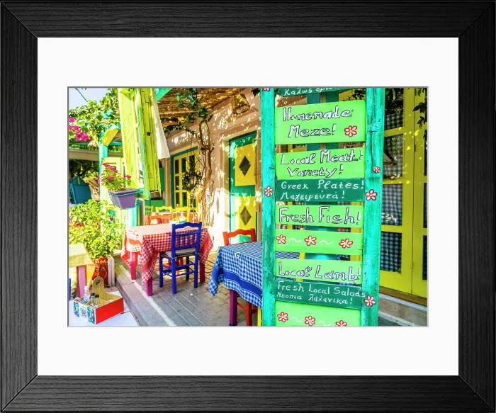 Framed Print : The colourful Zorbas restaurant in Kos Town, Kos, Dodecanese Islands, Greece Framed Print : The colourful Zorbas restaurant in Kos Town, Kos, Dodecanese Islands, Greece