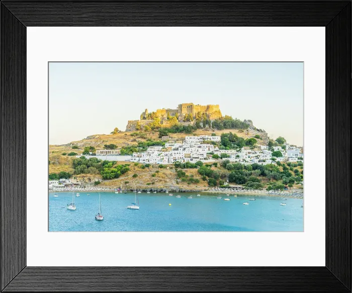 Framed Print : Lindos Beach and The Acropolis of Lindos, Lindos, Dodecanese Islands, Greece