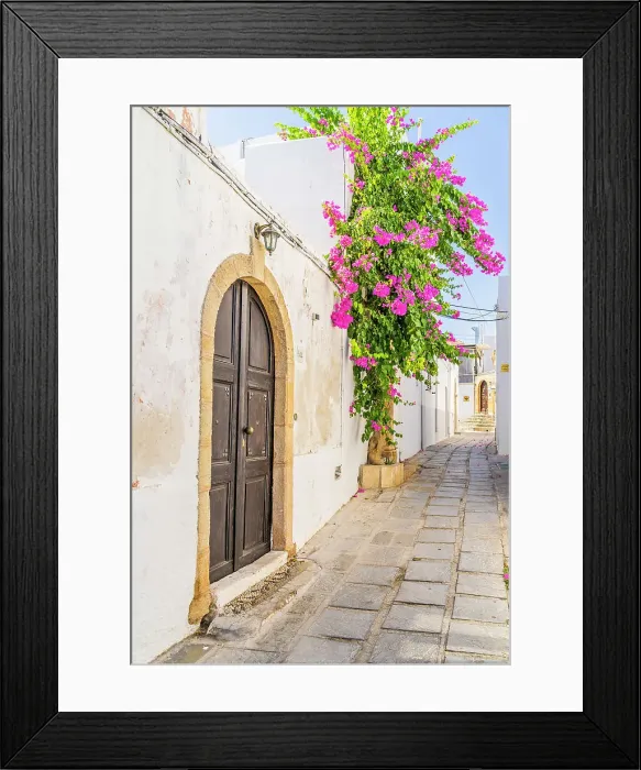 Framed Print : Bougainvillea in an alley in Lindos, Dodecanese Islands, Greece Framed Print : Bougainvillea in an alley in Lindos, Dodecanese Islands, Greece