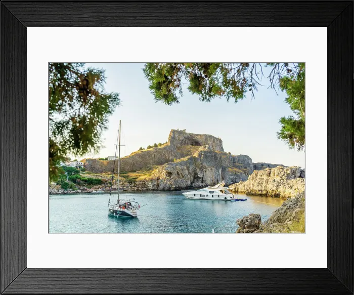 Framed Print : Boats at St Pauls Beach and The Acropolis of Lindos in the background, Lindos, Dodecanese Islands, Greece Framed Print : Boats at St Pauls Beach and The Acropolis of Lindos in the background, Lindos, Dodecanese Islands, Greece