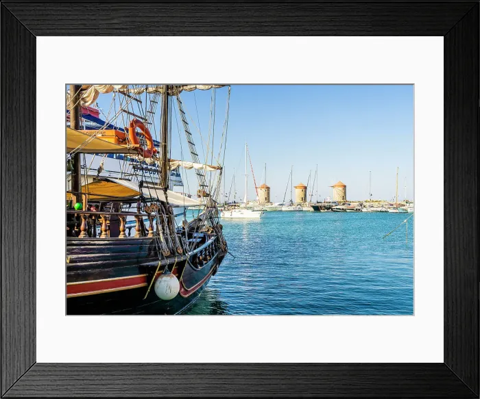 Framed Print : Mandraki Marina and Port looking towards Rhodes Windmills, Rhodes Town, Rhodes, Dodecanese Islands, Greece