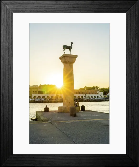 Framed Print : The statues of the Myth Colossus of Rhodes at sunset, Mandraki Marina and Port, Rhodes Town, Rhodes, Dodecanese Islands, Greece Framed Print : The statues of the Myth Colossus of Rhodes at sunset, Mandraki Marina and Port, Rhodes Town, Rhodes, Dodecanese Islands, Greece