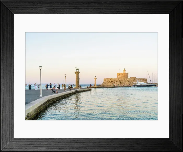 Framed Print : The statues of the Myth Colossus of Rhodes at the Mandraki Marina and Port looking towards Saint Nicholas Fortress, Rhodes Town, Rhodes, Dodecanese Islands, Greece Framed Print : The statues of the Myth Colossus of Rhodes at the Mandraki Marina and Port looking towards Saint Nicholas Fortress, Rhodes Town, Rhodes, Dodecanese Islands, Greece
