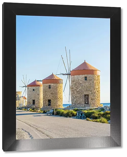 Rhodes Windmills at Mandraki Marina and Port, Rhodes Town, Rhodes, Dodecanese Islands, Greece