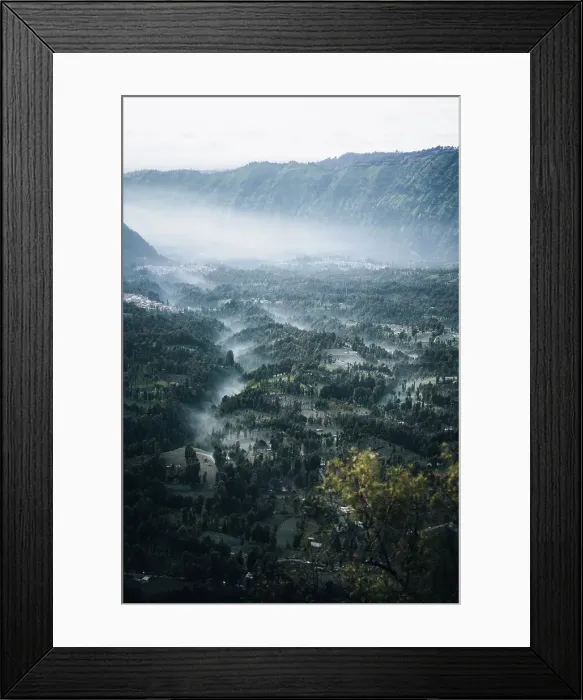 Framed Print : Misty morning by the Mount Bromo, landscape and town by the Volcano Framed Print : Misty morning by the Mount Bromo, landscape and town by the Volcano