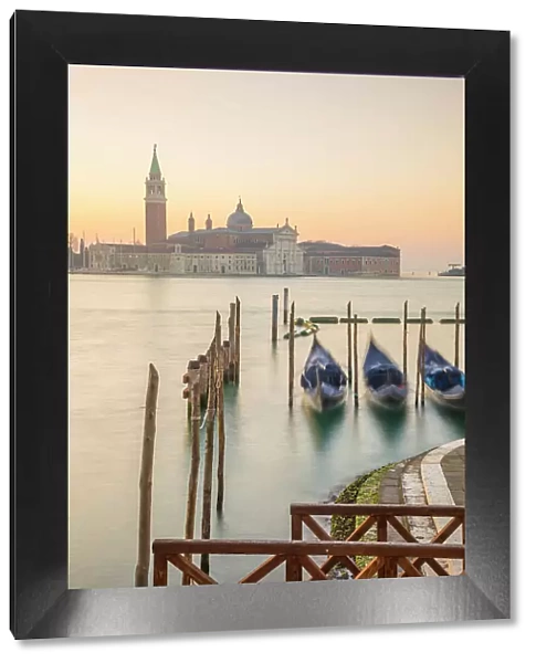 Gondolas on the Bacino di San Marco with the Church of San Giorgio Maggiore, Venice, Veneto, Italy