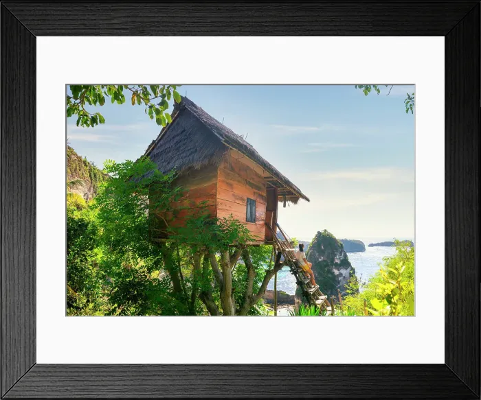 Framed Print : Woman and tree house by the sea, Nusa Penida, Bali, Indonesia (MR) Framed Print : Woman and tree house by the sea, Nusa Penida, Bali, Indonesia (MR)