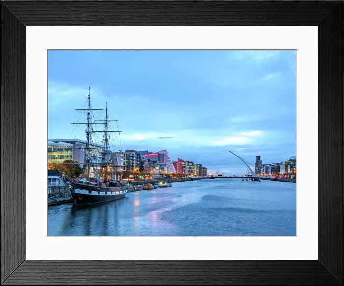 Framed Print : View over River Liffey towards The Jeanie Johnston Coffin Ship and Samuel Beckett Bridge at dawn, Dublin, Ireland Framed Print : View over River Liffey towards The Jeanie Johnston Coffin Ship and Samuel Beckett Bridge at dawn, Dublin, Ireland