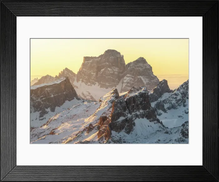 Framed Print : Mt. Pelmo getting the first sunlight of the day on a cold winter morning - seen from the Lagazuoi hut. Dolomites, Italy Framed Print : Mt. Pelmo getting the first sunlight of the day on a cold winter morning - seen from the Lagazuoi hut. Dolomites, Italy