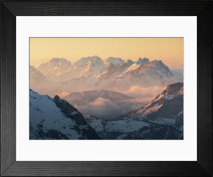 Framed Print : The Dolomites mountain range taking the first rays of sun of the day, seen from the Lagazuoi hut on a winter morning. Dolomites, Italy Framed Print : The Dolomites mountain range taking the first rays of sun of the day, seen from the Lagazuoi hut on a winter morning. Dolomites, Italy