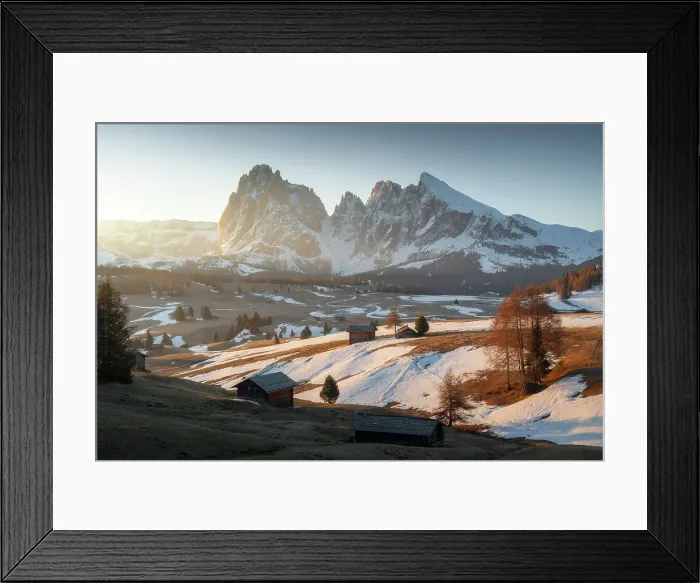 Framed Print : Alpe di Siusi during an early spring morning, with the snow slowly melting, Dolomites, Italy