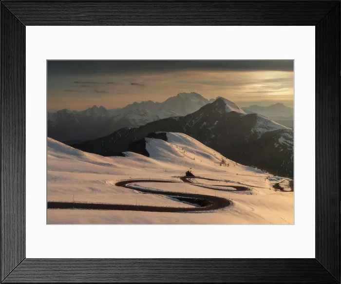 Framed Print : The winding road below the Giau Pass, with the tallest peak of the Dolomites (Marmolada). Dolomites, Italy Framed Print : The winding road below the Giau Pass, with the tallest peak of the Dolomites (Marmolada). Dolomites, Italy