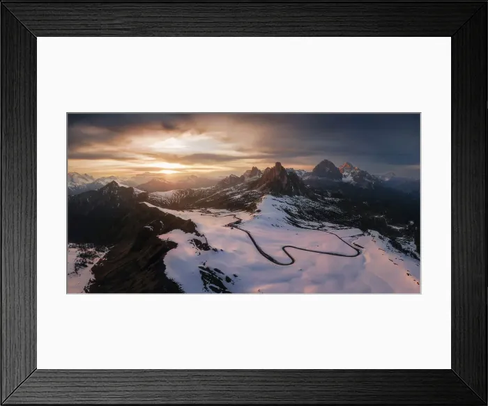 Framed Print : A panoramic aerial view taken from the Giau Pass during an early spring sunset. Dolomites, Italy Framed Print : A panoramic aerial view taken from the Giau Pass during an early spring sunset. Dolomites, Italy