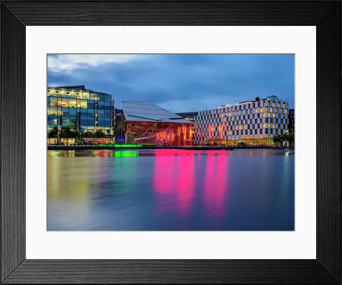 Framed Print : View over the Grand Canal Dock towards the Bord Gais Energy Theatre at dusk, Dublin, Ireland Framed Print : View over the Grand Canal Dock towards the Bord Gais Energy Theatre at dusk, Dublin, Ireland