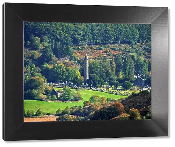 The Round Tower, elevated view, Early Medieval Monastic Settlement, Glendalough, County Wicklow, Ireland