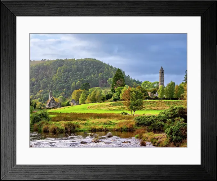 Framed Print : View over Glendasan River towards St. Kevin's Church and The Round Tower at sunset, Early Medieval Monastic Settlement, Glendalough, County Wicklow, Ireland