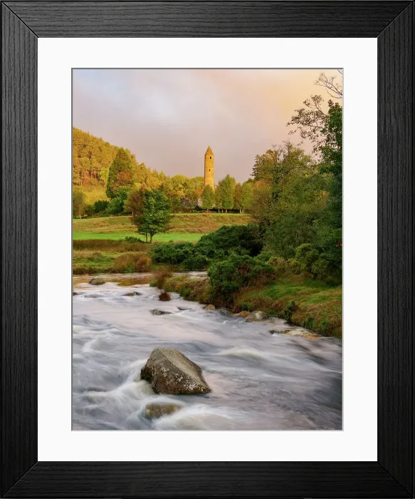 Framed Print : View over Glendasan River towards The Round Tower at sunrise, Early Medieval Monastic Settlement, Glendalough, County Wicklow, Ireland Framed Print : View over Glendasan River towards The Round Tower at sunrise, Early Medieval Monastic Settlement, Glendalough, County Wicklow, Ireland