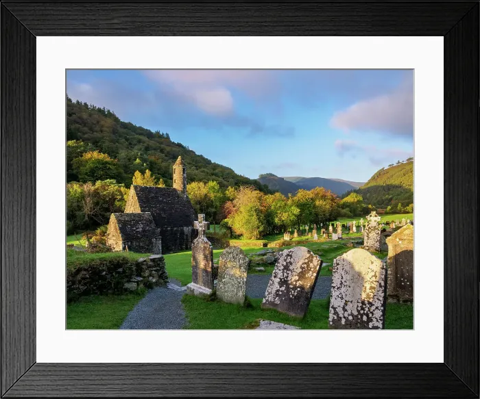 Framed Print : View towards the St. Kevin's Church at sunrise, Early Medieval Monastic Settlement, Glendalough, County Wicklow, Ireland Framed Print : View towards the St. Kevin's Church at sunrise, Early Medieval Monastic Settlement, Glendalough, County Wicklow, Ireland