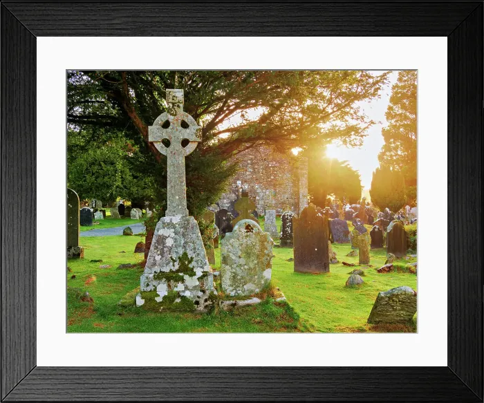 Framed Print : Celtic Cross with Cathedral ruins in the background at sunrise, Early Medieval Monastic Settlement, Glendalough, County Wicklow, Ireland Framed Print : Celtic Cross with Cathedral ruins in the background at sunrise, Early Medieval Monastic Settlement, Glendalough, County Wicklow, Ireland
