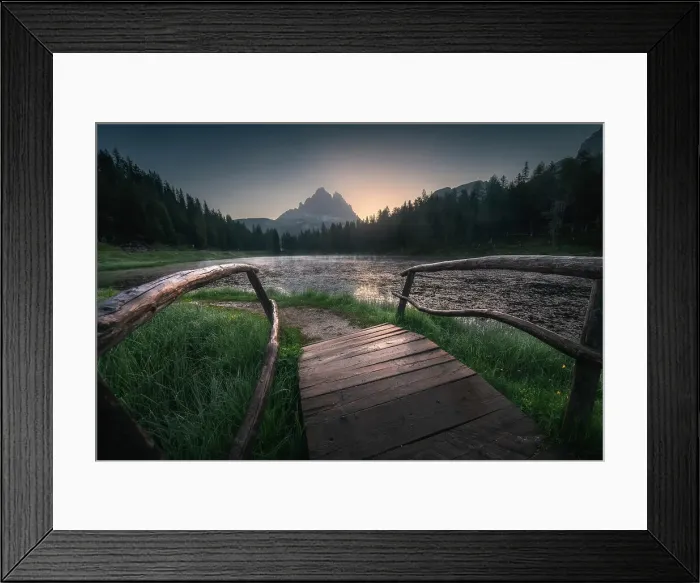 Framed Print : A small wooden bridge leads the eye towards the majestic Tre Cime di Lavaredo and the Antorno lake in the background. Dolomites, Italy Framed Print : A small wooden bridge leads the eye towards the majestic Tre Cime di Lavaredo and the Antorno lake in the background. Dolomites, Italy