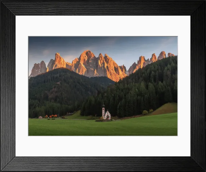 Framed Print : The small chapel of San Giovanni in Ranui with the Odle mountains. Dolomites, Italy Framed Print : The small chapel of San Giovanni in Ranui with the Odle mountains. Dolomites, Italy