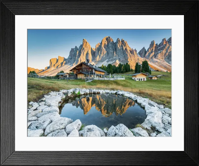 Framed Print : Puez Odle Range Reflecting in Pool, Val di Funes, South Tyrol, Dolomites, Italy Framed Print : Puez Odle Range Reflecting in Pool, Val di Funes, South Tyrol, Dolomites, Italy