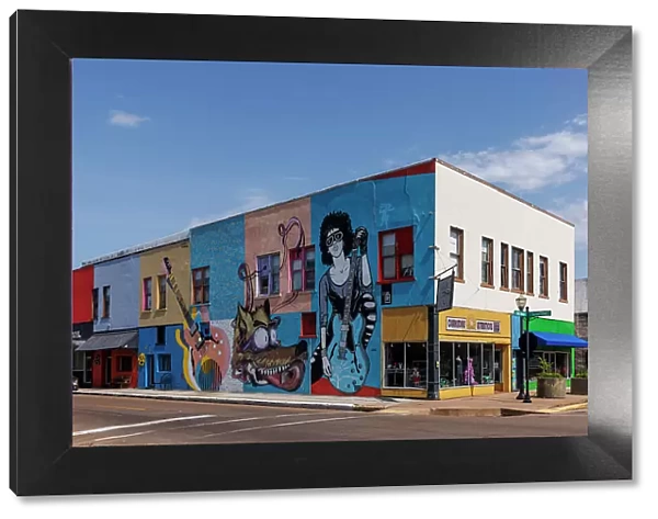 Street view of colourful buidings, Clarksdale, Mississippi, USA