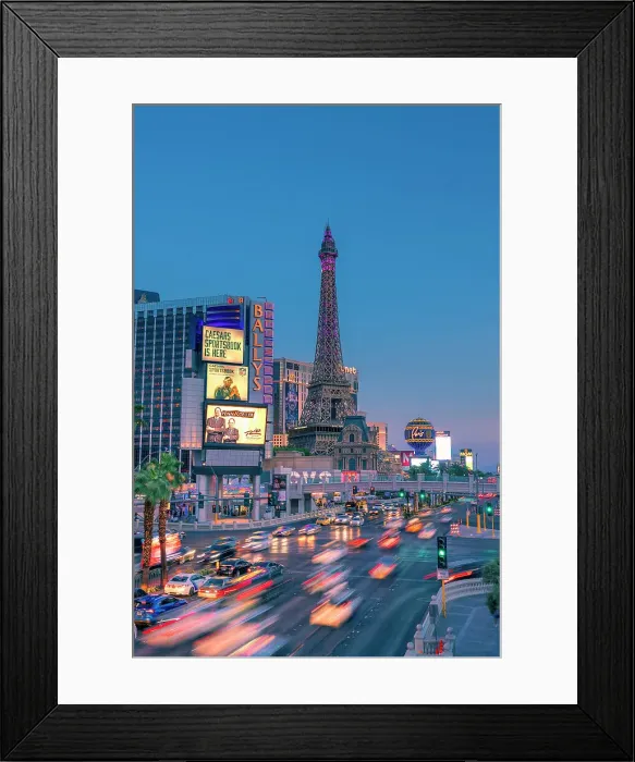 Framed Print : USA, Nevada, traffic lights in Las Vegas with the Eiffel tower replica and the hotels along the Las Vegas strip Framed Print : USA, Nevada, traffic lights in Las Vegas with the Eiffel tower replica and the hotels along the Las Vegas strip