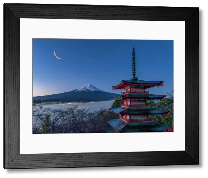 Framed Print : Crescent Moon over Mt. Fuji & Chureito Pagoda, Fujiyoshida, Yamanashi Prefecture, Japan Framed Print : Crescent Moon over Mt. Fuji & Chureito Pagoda, Fujiyoshida, Yamanashi Prefecture, Japan