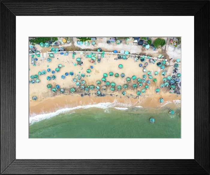 Framed Print : Vietnam, Phu Yen Province, Song Cau, an aerial view of basket boats on the beach