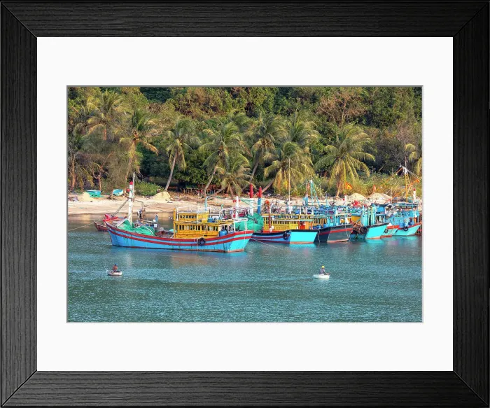 Framed Print : Vietnam, Phu Yen, traditional fishing boats a moored up on a tropical beach
