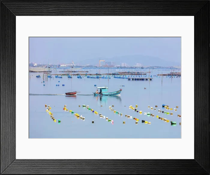 Framed Print : Vietnam, Phu Yen, a fishing boat pulls a basket boat in a lagoon Framed Print : Vietnam, Phu Yen, a fishing boat pulls a basket boat in a lagoon