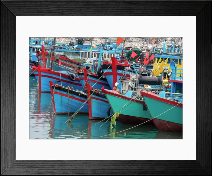 Framed Print : Vietnam, Cam Ranh, blue and green fishing boats