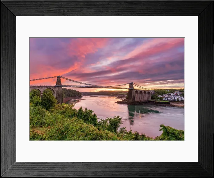 Framed Print : Menai Suspension Bridge over Menai Strait at Sunset, Bangor, North Wales Framed Print : Menai Suspension Bridge over Menai Strait at Sunset, Bangor, North Wales