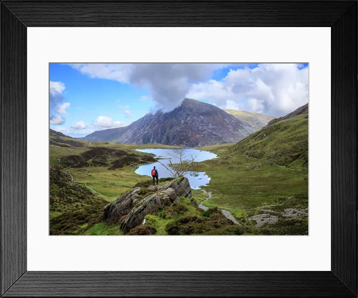 Framed Print : A man admires the view of Pen Yr Ole Wen and Llyn Idwal, Snowdonia, Wales, UK Framed Print : A man admires the view of Pen Yr Ole Wen and Llyn Idwal, Snowdonia, Wales, UK