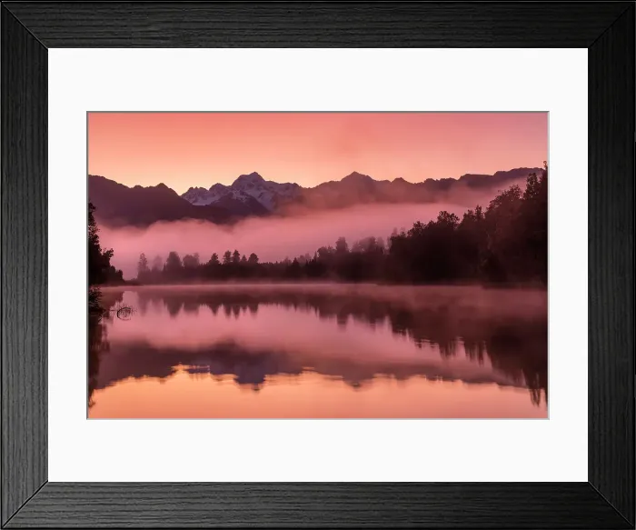 Framed Print : Dawn Mist Below Mt. Cook & Mt. Tasman, Lake Matheson, South Island, New Zealand