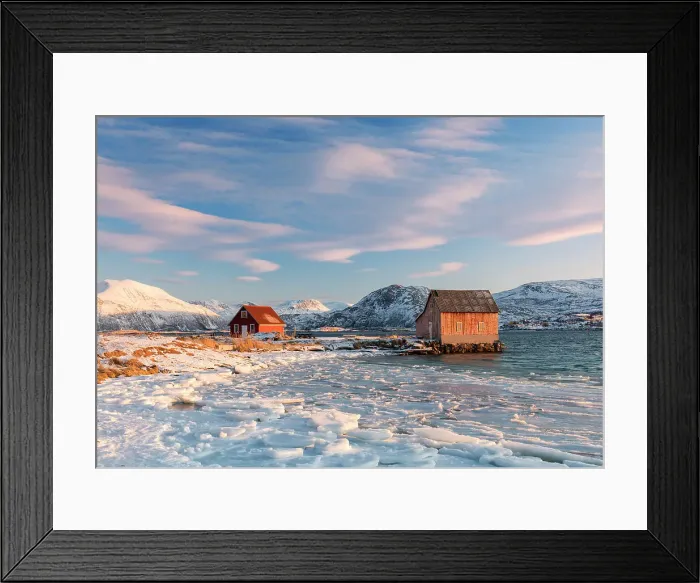 Framed Print : Typical norvegian fishing red house on the shore of the fiord in Sommaroy, troms, tromso, Norway Framed Print : Typical norvegian fishing red house on the shore of the fiord in Sommaroy, troms, tromso, Norway