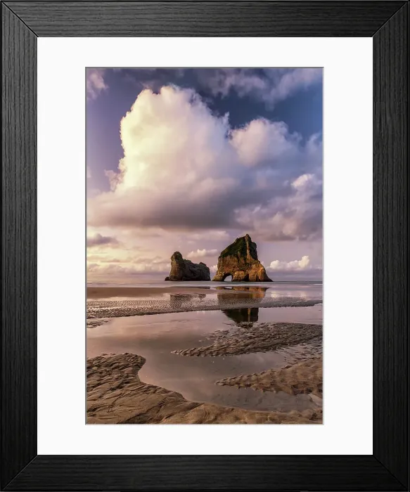 Framed Print : Archway Islands Reflecting in Wharariki Beach, South Island, New Zealand Framed Print : Archway Islands Reflecting in Wharariki Beach, South Island, New Zealand