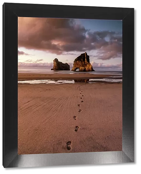 Footprints leading to Archway Islands, Wharariki Beach, South Island, New Zealand