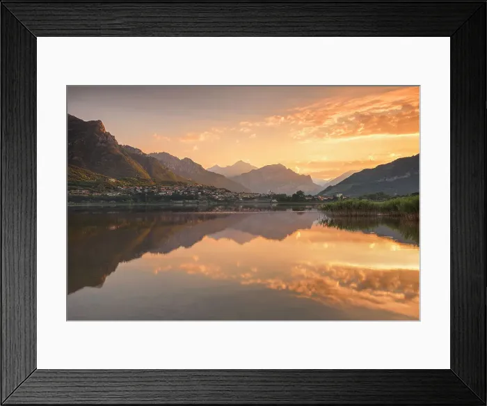 Framed Print : Sunrise on lake Annone with Lecco mountains reflected, Brianza, Lecco province, Lombardy, Italy Framed Print : Sunrise on lake Annone with Lecco mountains reflected, Brianza, Lecco province, Lombardy, Italy