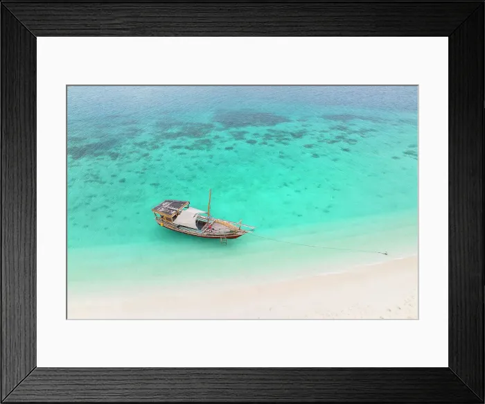 Framed Print : aerial view taken by the drone of the tourist boat, anchored near a tongue of sand, Zanzibar, Tanzania Framed Print : aerial view taken by the drone of the tourist boat, anchored near a tongue of sand, Zanzibar, Tanzania