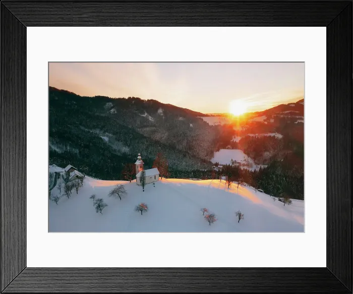 Framed Print : Aerial view of St Thomas Church and the Kamnik Alps, Rantovse, Slovenia at sunset Framed Print : Aerial view of St Thomas Church and the Kamnik Alps, Rantovse, Slovenia at sunset