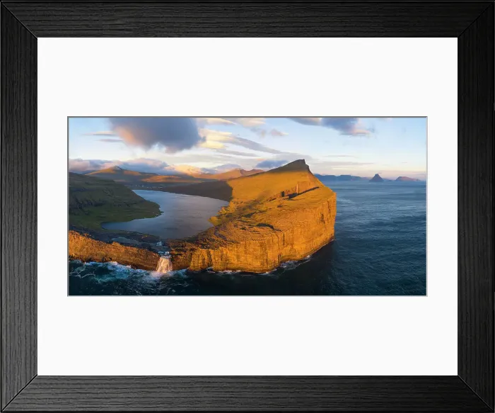 Framed Print : aerial view taken by drone of Sorvagsvatn during sunset, Vagar, Faroe Islands, Denmark Framed Print : aerial view taken by drone of Sorvagsvatn during sunset, Vagar, Faroe Islands, Denmark