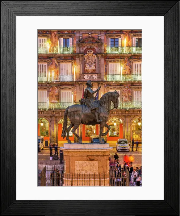 Framed Print : Equestrian statue of Philip III King of Spain with christmas lights behind, Plaza Mayor, Madrid, Spain Framed Print : Equestrian statue of Philip III King of Spain with christmas lights behind, Plaza Mayor, Madrid, Spain