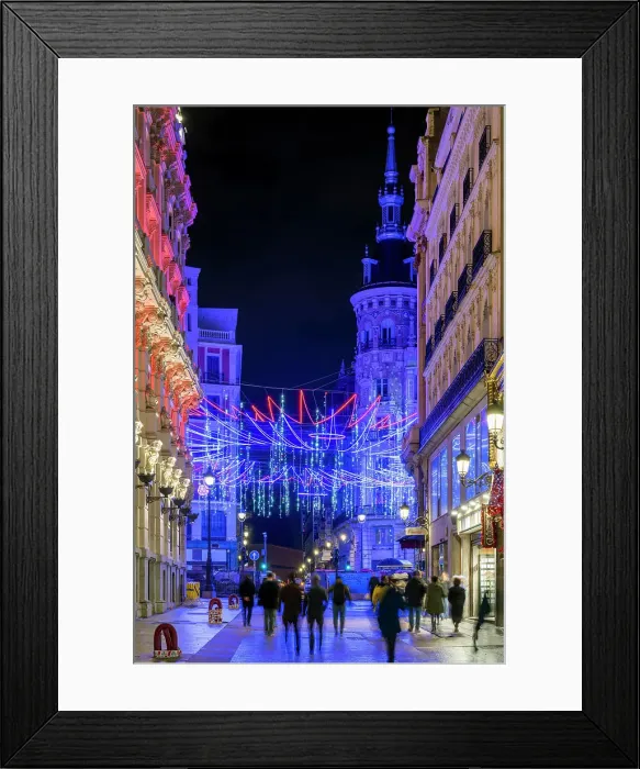 Framed Print : Street adorned with Christmas lights in Madrid, Spain Framed Print : Street adorned with Christmas lights in Madrid, Spain