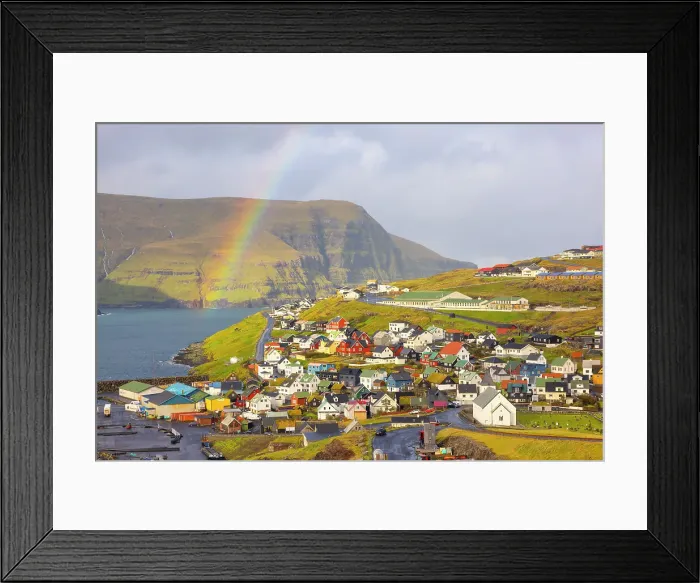 Framed Print : a little village called Eidi under a big rainbow during an autumn day, Eysturoy, Faroe Islands, Denmark Framed Print : a little village called Eidi under a big rainbow during an autumn day, Eysturoy, Faroe Islands, Denmark
